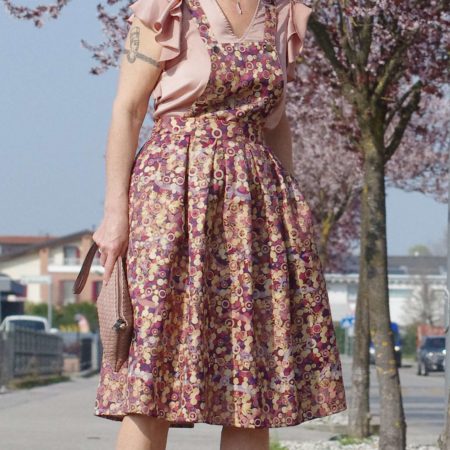 Gonna anni 50 Fuchsia Circle salopette fantasia geometrica viola fuxia lilla oro allseasons sheside skirt